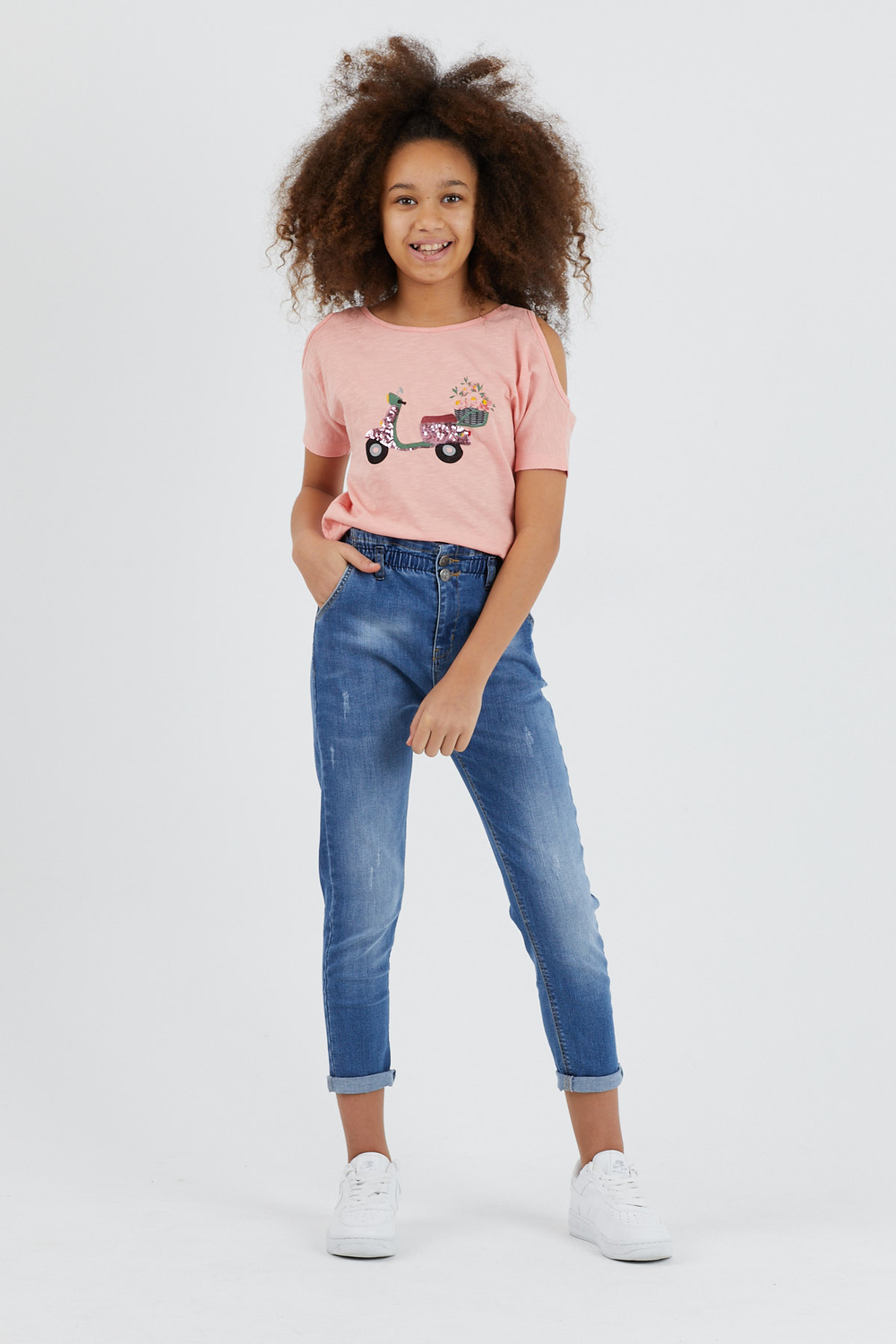 ÇİKOBY BASKILI PEMBE TSHİRT+KOT PANTALON KIZ ÇOCUK KOMBİN